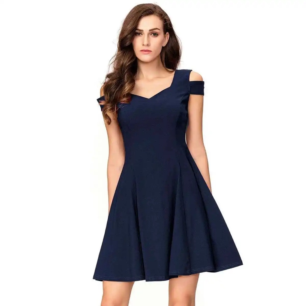 M Navy Blue Cocktail Dress with Cold Shoulder & Skater Skirt by InsNova